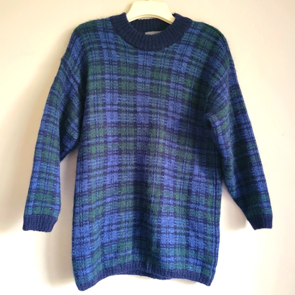 Vintage MAURICES Mohair Blend Plaid Oversized Extra Long Crewneck Sweater